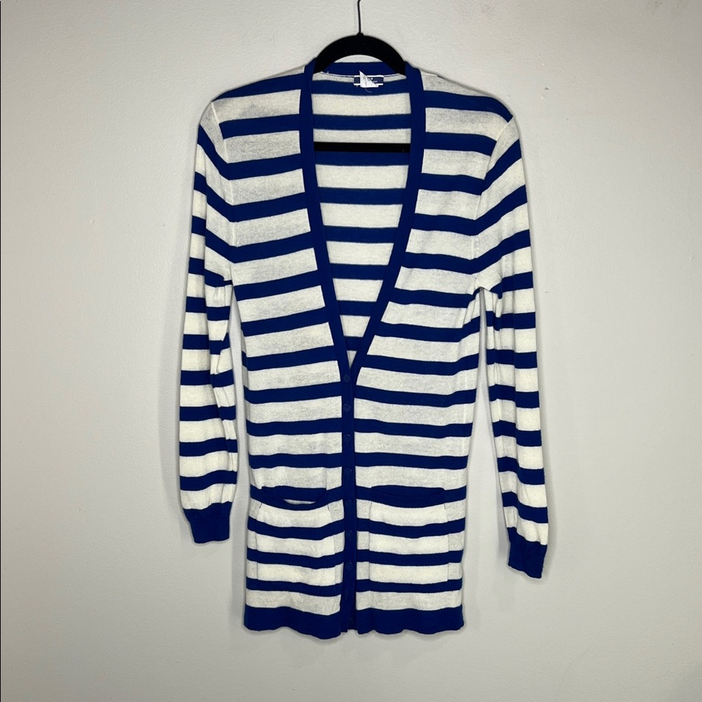 J. Crew 100% Cashmere Nautical blue and white stripe cardigan size Medium - Picture 2 of 13